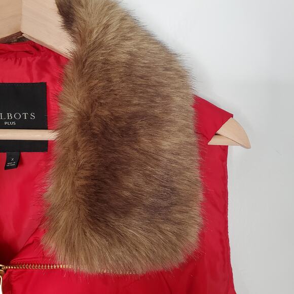 Talbots Down Puffer Full Zip Vest Faux Fur Collar Down Fill Holiday Red Size X - Picture 5 of 12